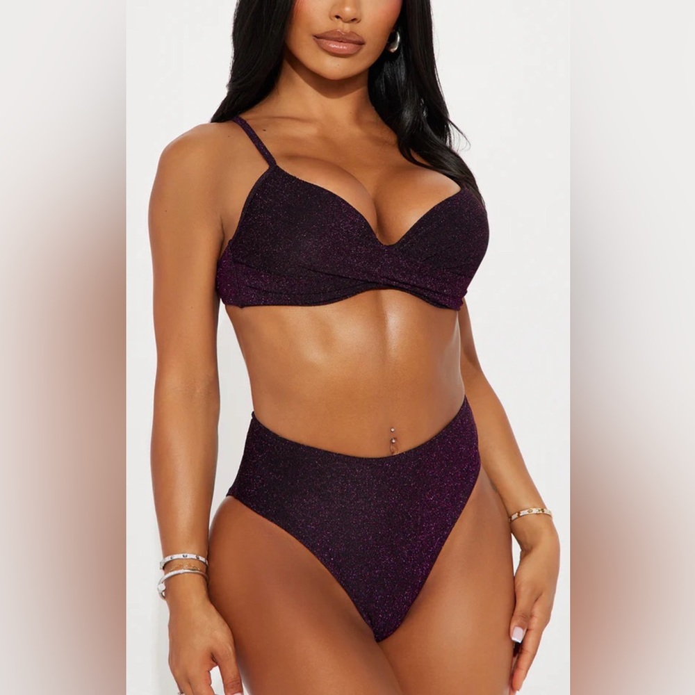 Fashion Nova Sparkling Dark Purple Bikini Set NWT